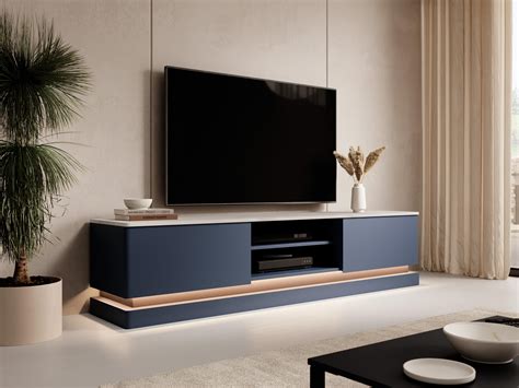 Mueble TV 2 cajones y 2 estantes con LEDs de MDF Azul y efecto mármol