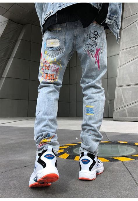 Streetwear Graffiti Denim Pants Ripped Patchwork OUT0800 Printed