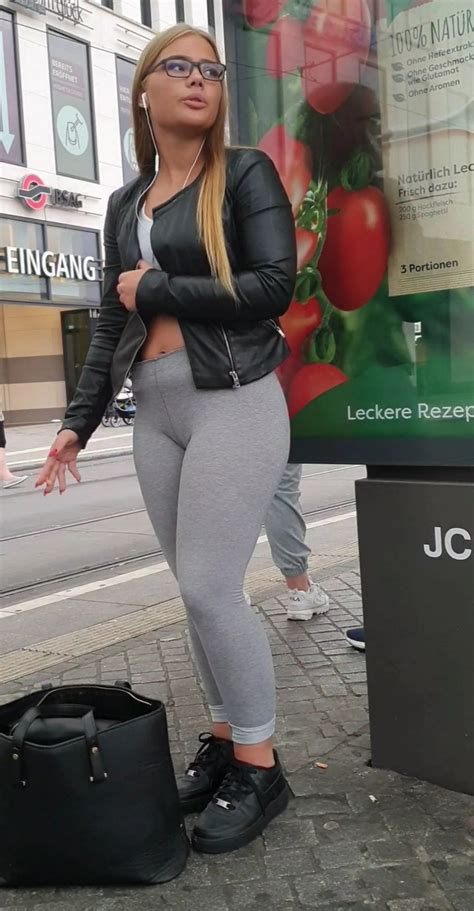 Posh German Blonde Smoking A Cigarette Waiting For Bus Not OC Spandex Leggings Yoga Pants