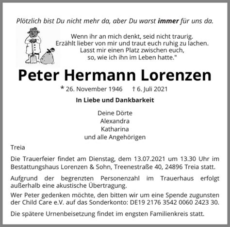 Traueranzeigen Von Peter Hermann Lorenzen Sh Z Trauer