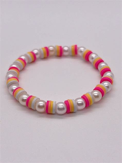 Heishi Sunset Bracelet Handmade Pink Orange Yellow And White