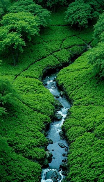 A River Running Through A Lush Green Forest With Trees And Bushes