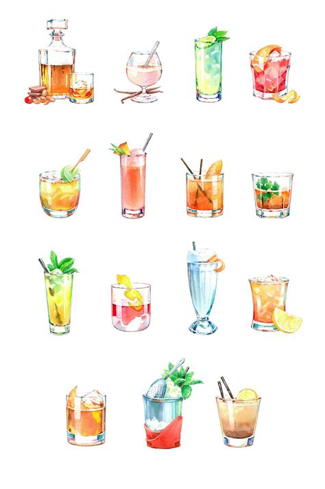 Watercolor Cocktails Food Illustration — Nathalie Ouederni Watercolor Illustration Pattern