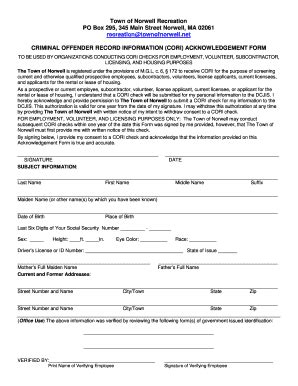 Fillable Online Cori Form For Employees Volunteers Norwell Fax