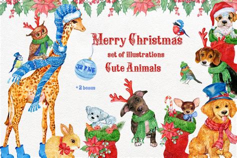 Merry Christmascute Animals 45042 Illustrations Design Bundles