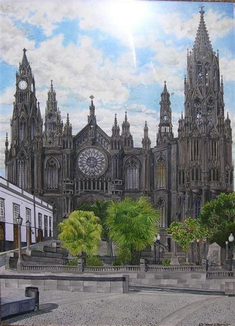 A Painting Of A Cathedral With A Clock On It