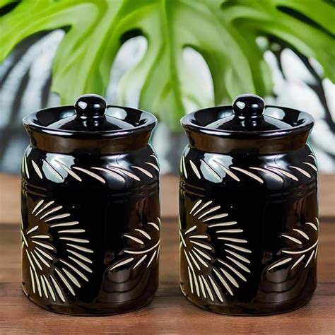 D Maiolica Ceramic Pickle Jars Ml Set Of In Black Achaar