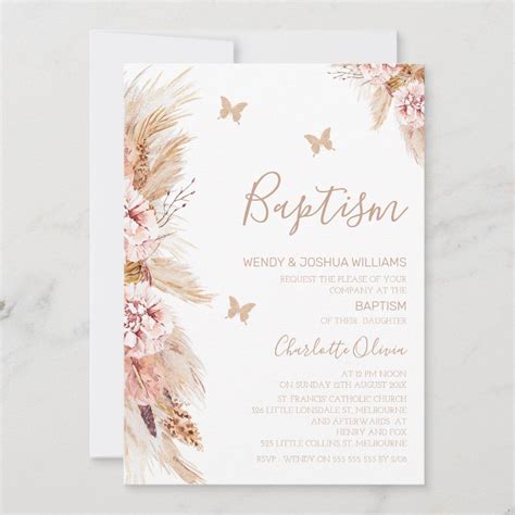 Pink Boho Floral And Butterflies Baptism Invitation Size X