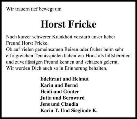 Traueranzeigen Von Horst Fricke Trauer Anzeigen De