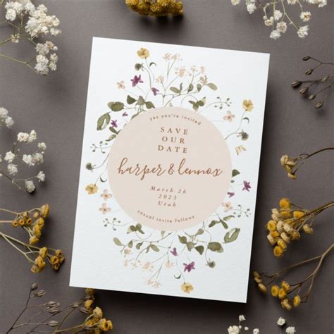 Save The Date Card With Flowers And Leaves On It Surrounded By Dried