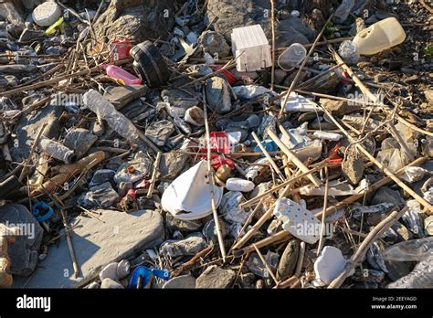 Desechos Plásticos Desechados Basura Contaminación En La Costa Marina