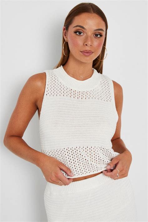 White Crochet Knit Tank Top Ally Fashion