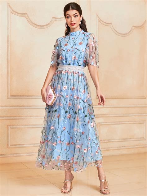 Shein Modely Pieza Vestido De Malla Con Estampado Floral Con Encaje