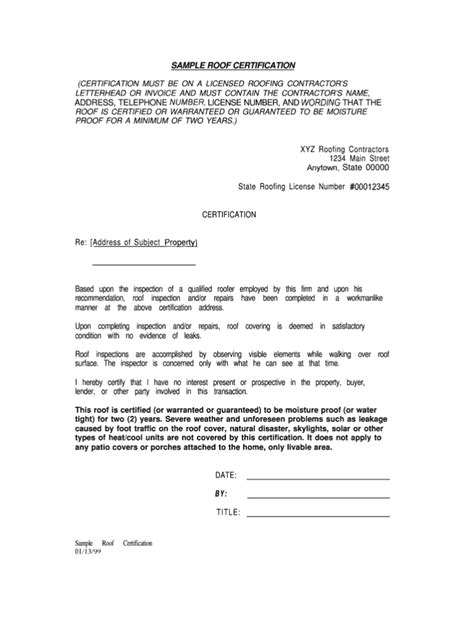 Roof Completion Form Printable