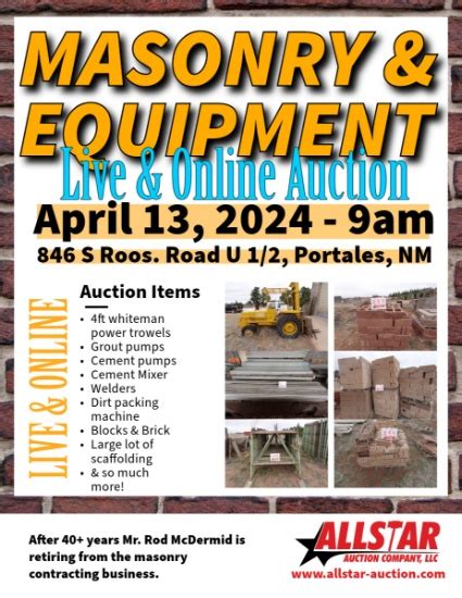 Allstar Auction Co Llc Auction Catalog Masonry And Tool Auction Online