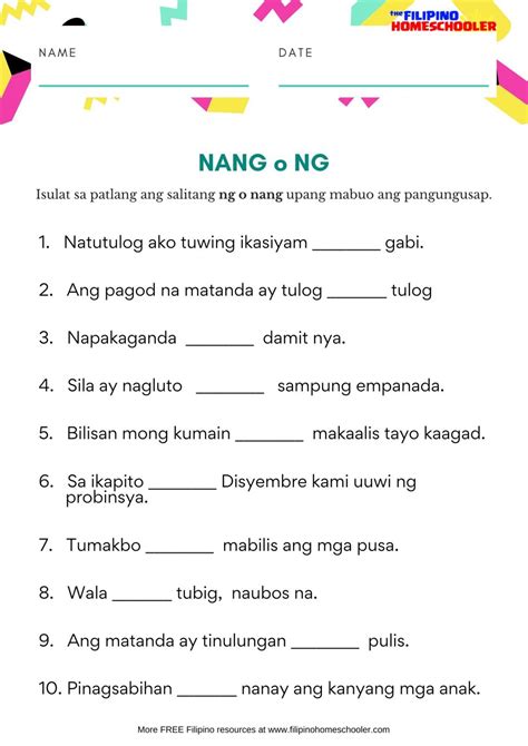 Wastong Gamit Ng Ng At Nang Worksheet