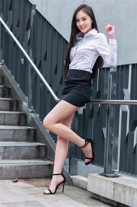 Photos Skirt Brunette Girl Smile Blouse Young Woman Legs Asiatic