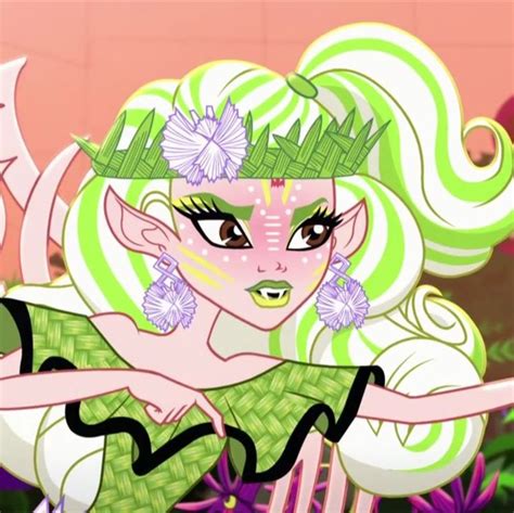 A Cartoon Girl With Green Hair And Flowers On Her Head