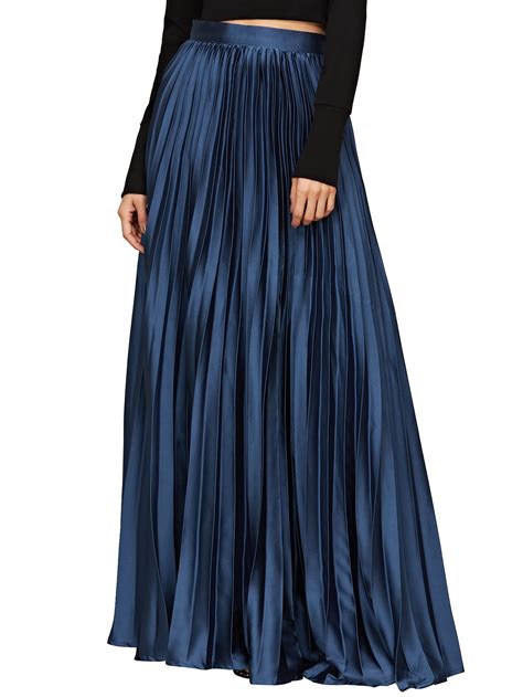 Navy Side Pleated Flare Maxi Skirtfor Women Romwe