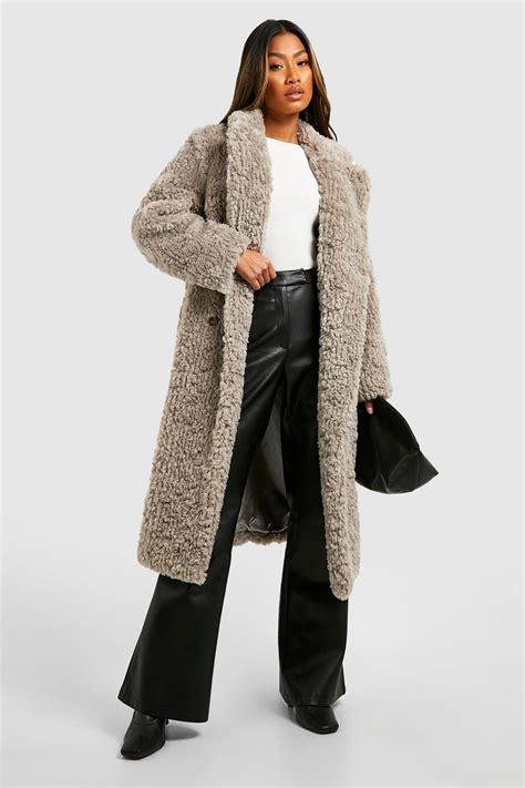 Textured Faux Fur Double Breasted Coat Boohoo Uk