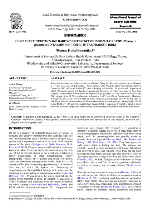 PDF ROOST CHARACTERISTICS AND HABITAT PREFERENCE OF INDIAN FLYING FOX