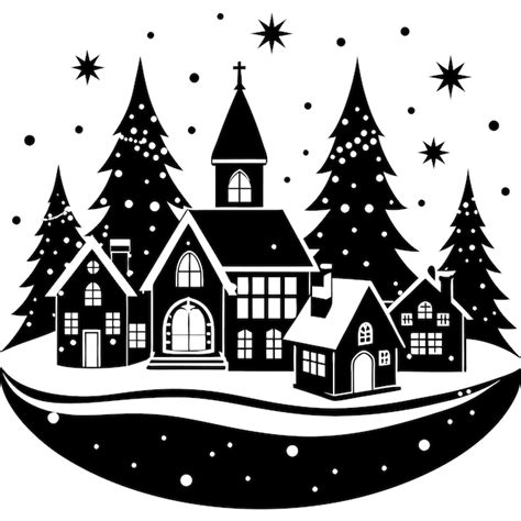 Christmas Village Silhouette Black And White Premium AI Generated Vector