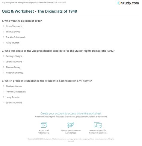 Quiz & Worksheet - The Dixiecrats of 1948 | Study.com