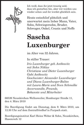 Traueranzeigen Von Sascha Luxenburger Saarbruecker Zeitung Trauer De