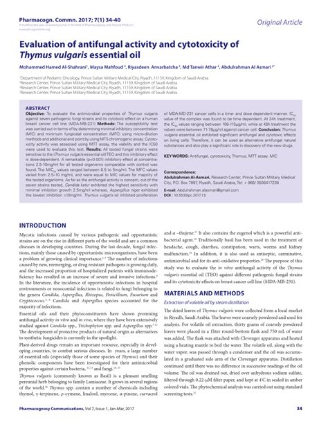 PDF Evaluation Of Antifungal Activity And Cytotoxicity Of Thymus