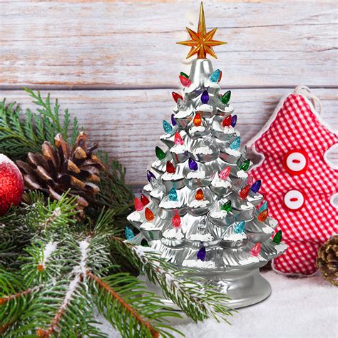 15 Prelit Ceramic Tabletop Christmas Tree Silver Hand Painted Battery