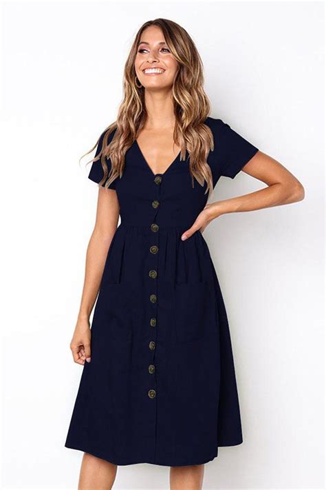 Button Front Swing Summer Dress Midi Short Sleeve Dress Long Sleeve Swing Dress Sleeved