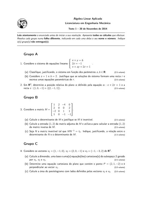 Prova 20 Novembro 2014 questões Álgebra Linear Aplicada Licenciatura