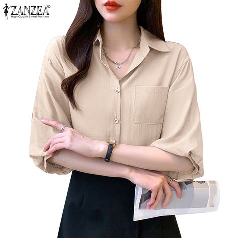 ZANZEA Women Commuting Half Sleeves Lantern Sleeves With Pockets Shirt