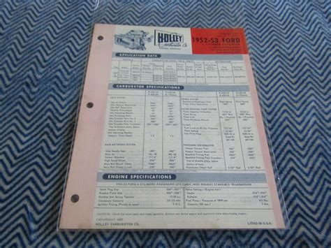 Holley Carburetor Data Spec Chart 1952 53 Ford 215 Cid 6 Cyl Passenger Standard Ebay