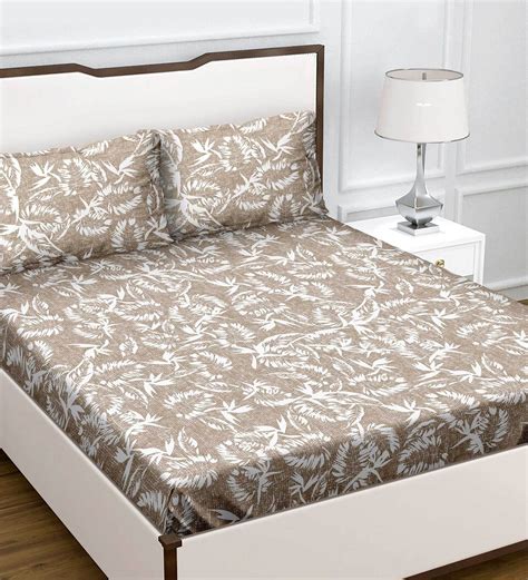 Buy Brown Floral 220 Tc Cotton Queen Sized Bed Sheets With 2 Pillow