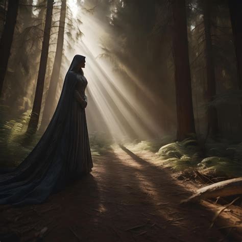 Premium Photo Mysterious Dark Forest With A Woman In A Blue Cloak