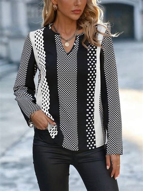 SHEIN LUNE Polka Dot And Geo Print Notched Neckline Blouse SHEIN USA