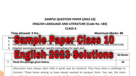 Sample Paper Class 10 2023 English Solutions Youtube