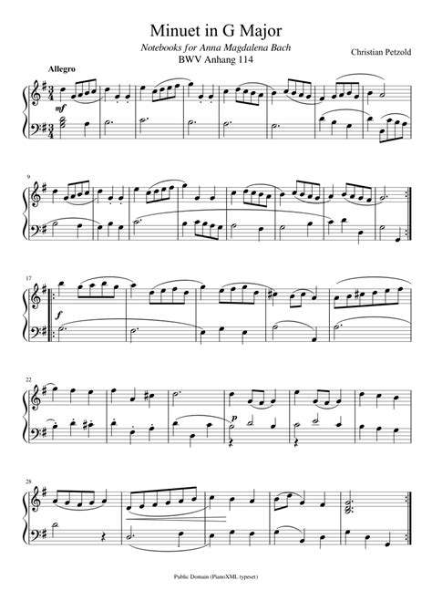 Bach Minuet In G Major Bwv Anh 114 Sheet Music For Piano Download