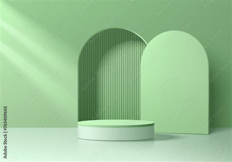 Realistic 3d Green And White Podium Pedestal Background With Arch Shape