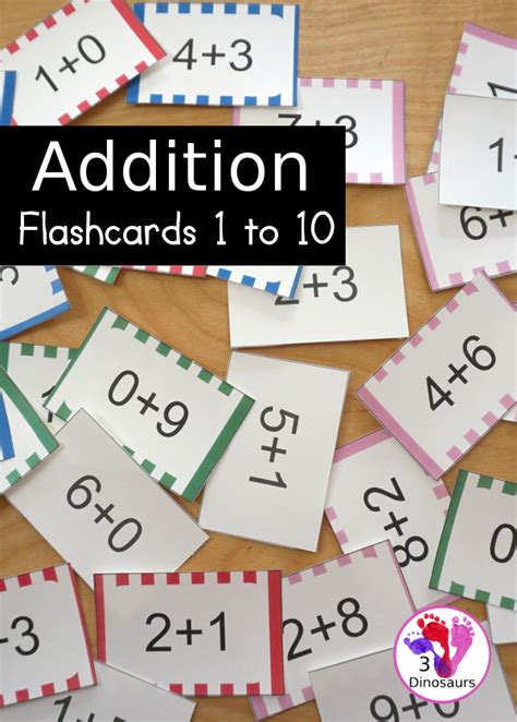 Free Addition Flashcards: 1 to 10 | 3 Dinosaurs