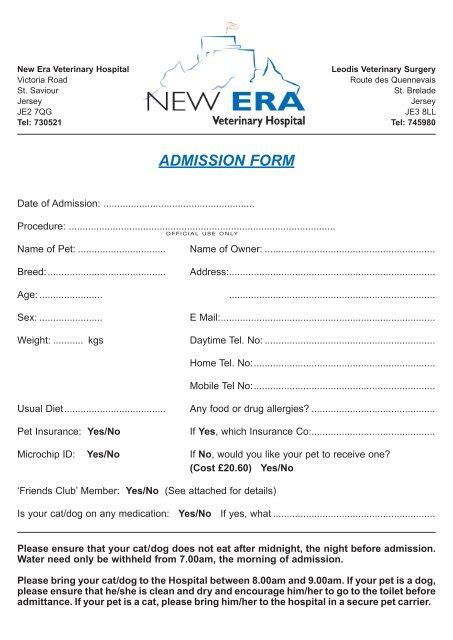 Veterinary Admission Form Admission Forms