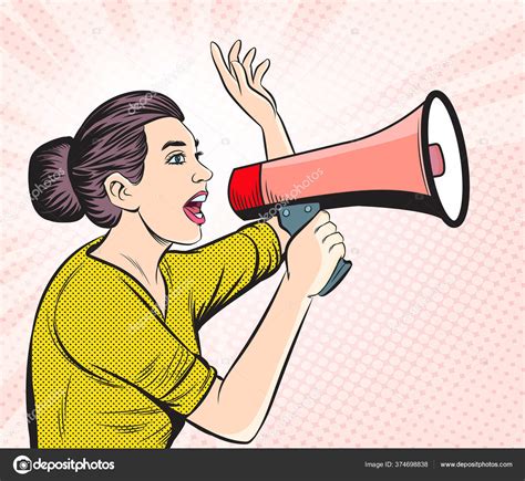 Woman Speaking Megaphone Pop Art Retro Illustration Comic Style Vector