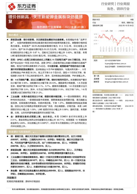 有色钢铁行业周策略（2022年第40周）：锂价创新高，关注新能源金属板块估值修复