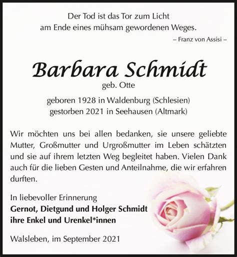 Traueranzeigen Von Barbara Schmidt Geb Otte Abschied Nehmen De