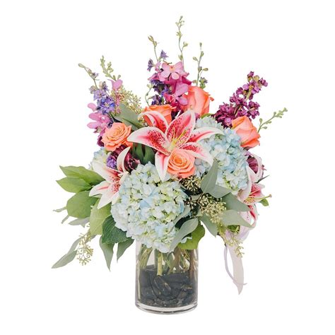 Pink & Blue Flower Arrangement | Flower arrangements, Blue flower ...