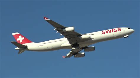 Swiss Airbus 340 300 HB JMB Take Off Malaga LEMG YouTube