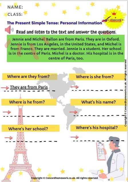 The Present Simple Tense Personal Information Free Printable Esl Efl Worksheets With Answer Keys