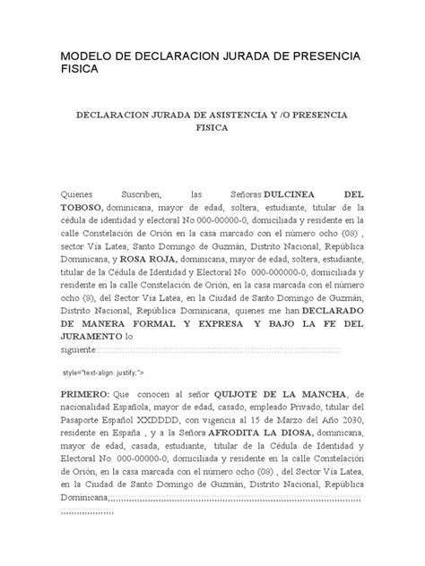 Modelo De Declaracion Jurada De Presencia Fisica Pdf República