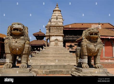 Bhaktapur Nepal City Of The Temples With Statues Of Lions On